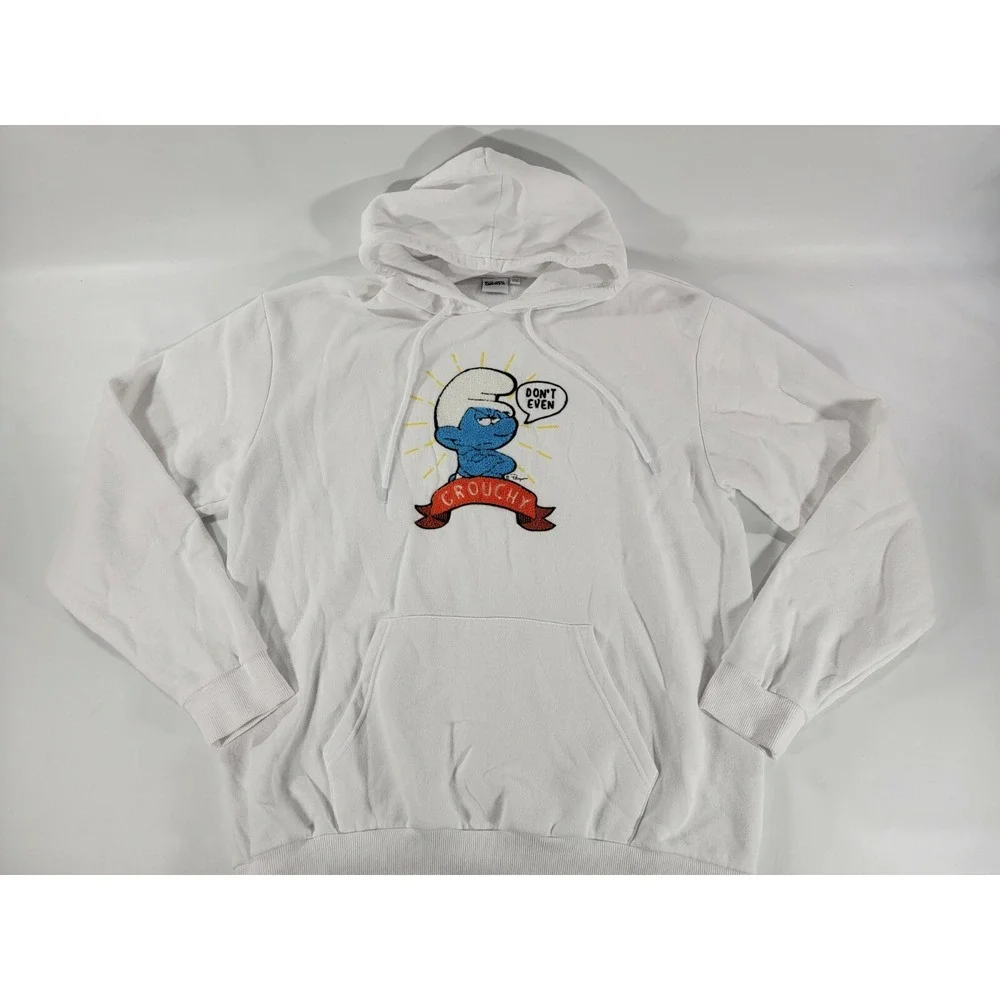 VTG The SMURFS White Hoodie Patch Appliqué Graphic GROUCHY Sweatshirt Adult Sz L